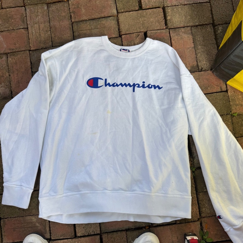 Champion Mens 2XL White Crewneck Sweatshirt Script Logo‎ Fleece Pullover FTX
